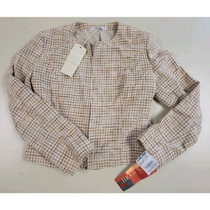 Yumi Mazao Collection Fitted Beige Tan Tweed Plaid Blazer Jacket Full Zip Sz 42